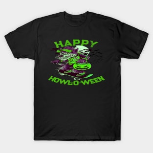 Happy Howl-o-ween Wolf Riding on Skateboard T-Shirt